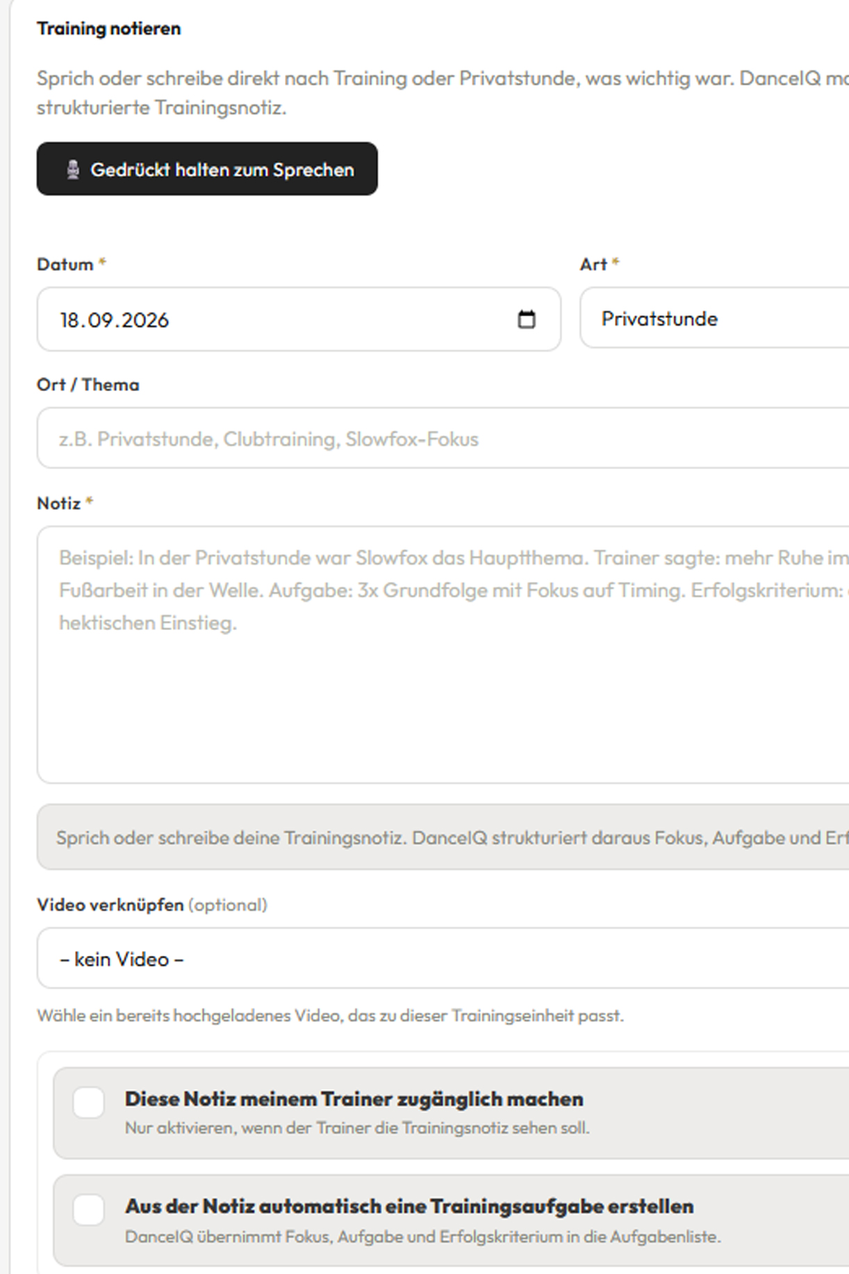 DanceIQ Trainingserfassung mit Spracheingabe, Trainingsnotiz, Video-Verknüpfung und Trainerfreigabe